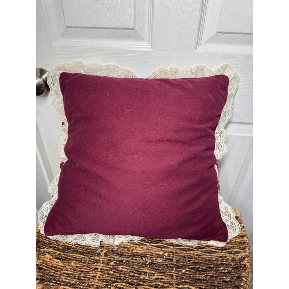 Unbranded Vintage Yo-Yo Quilt Throw Pillow Square Burgundy Floral Excellent Lace